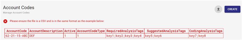 Account Codes Upload error as shown on screen
