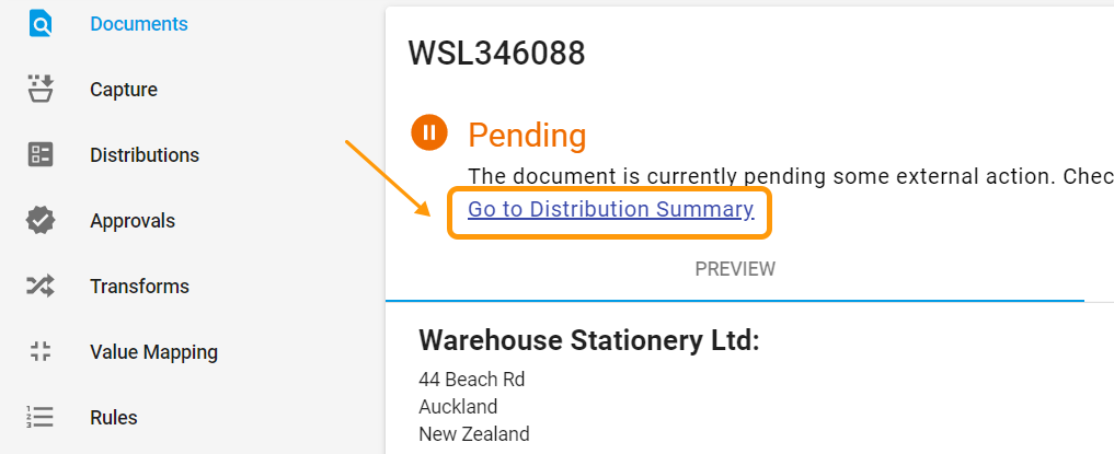 Distribution Summary link shown in Document view 