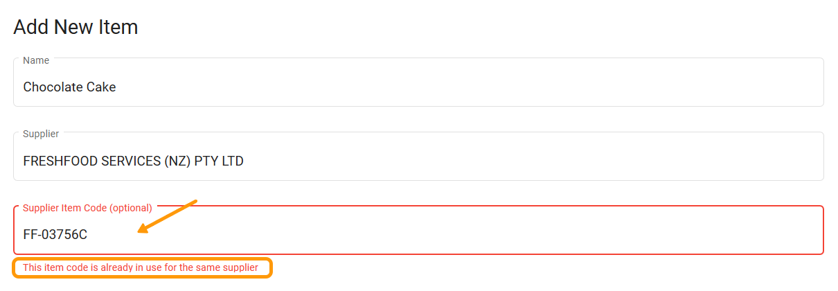Error message for duplicate item code