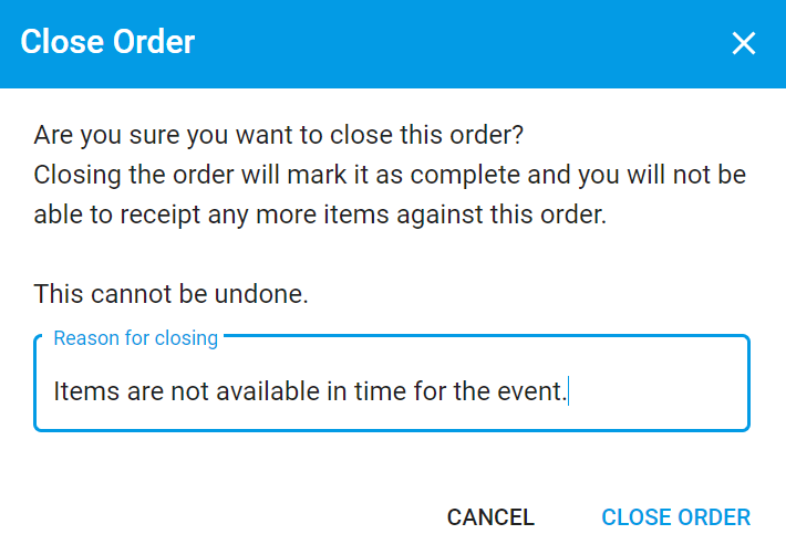 Modal opens when closing a Purchase Order