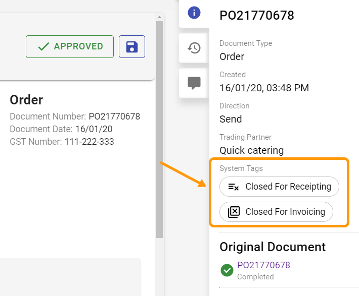 System tags showing in DX2 Portal when a Purchase Order is closed.