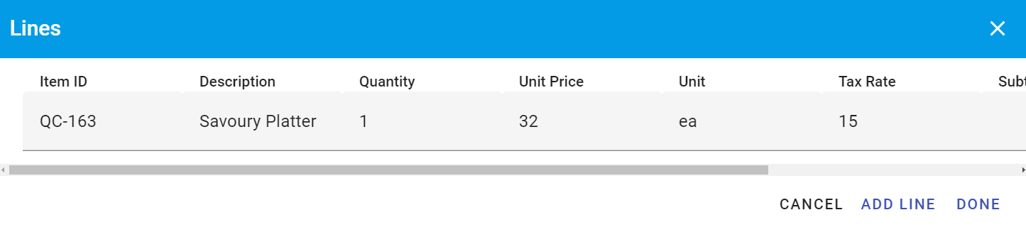 Modal to enter lines for a credit note