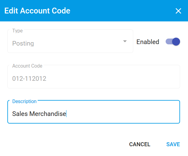 Edit Account Code modal