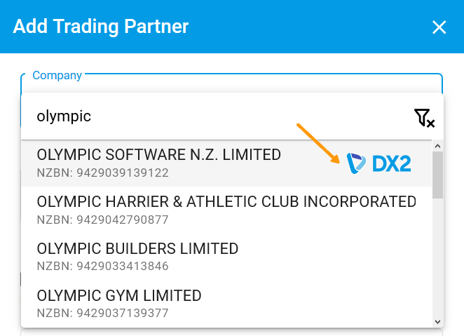 Trading partners connected to DX2 showing logo