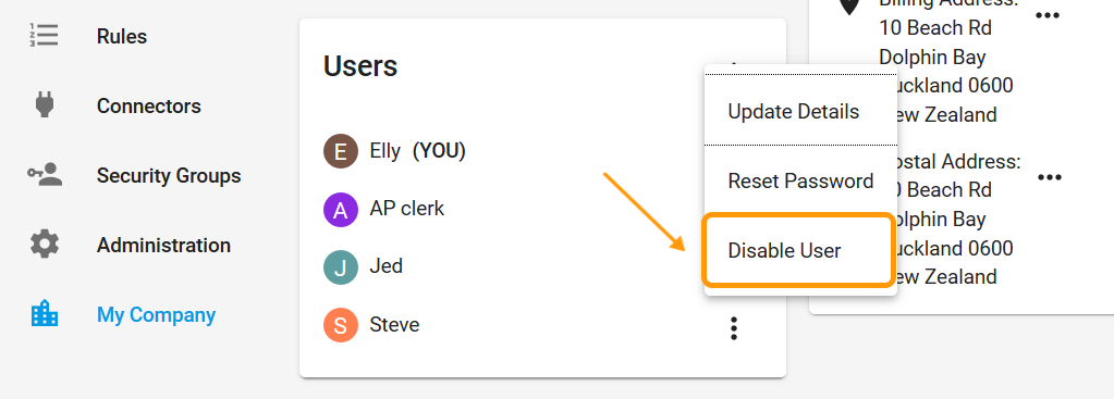 Disable user option beside user details inside the My Company screen.