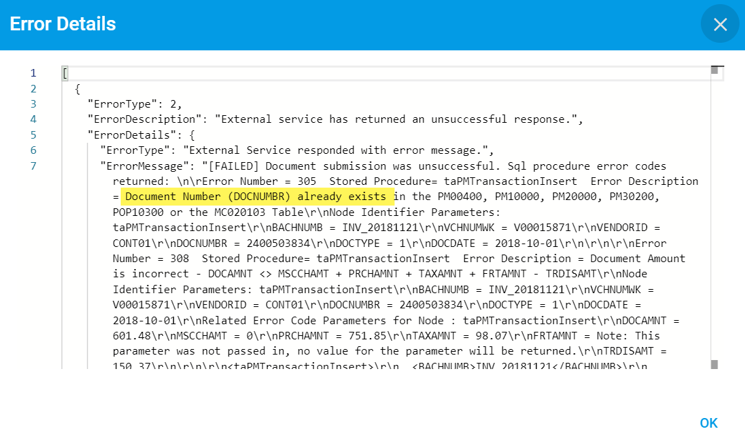 Document number already exists in ERP system