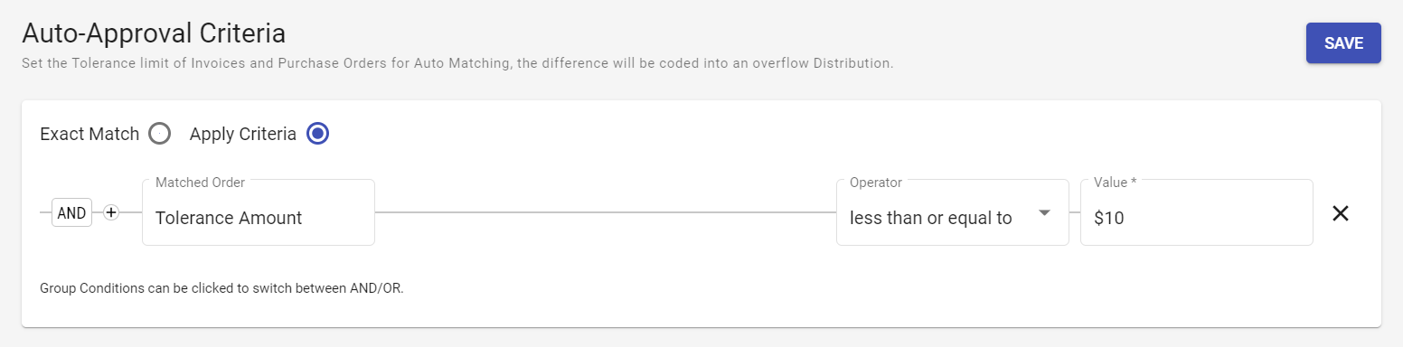 Auto Approvals tolerance of less than or equal to $10.