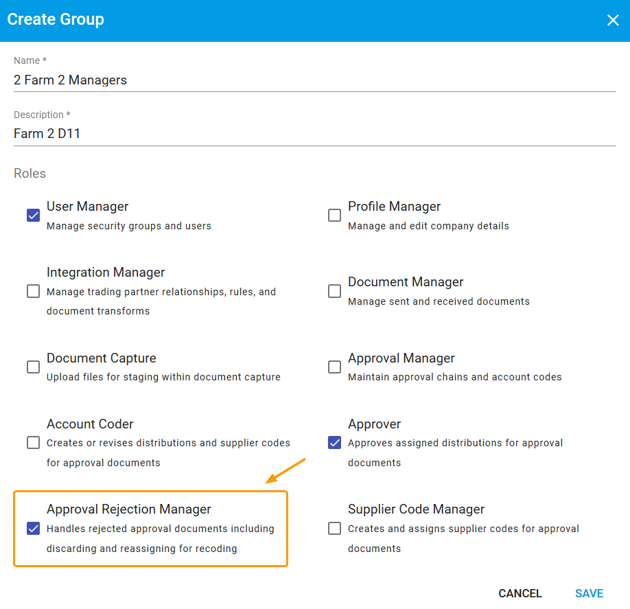 Approval rejection manager role in Edit Group modal