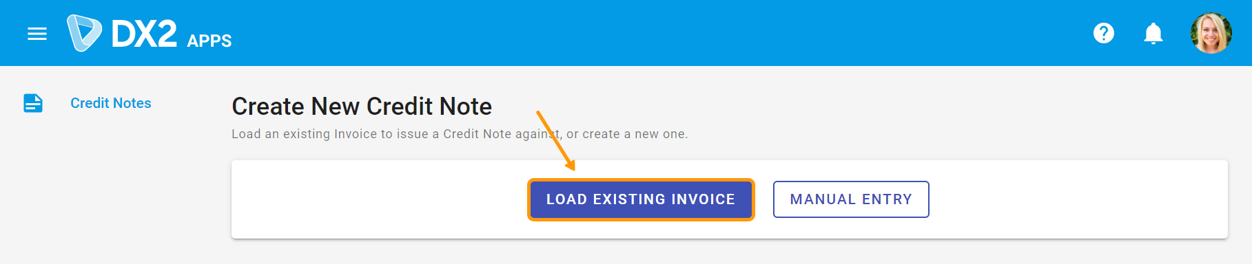 Selecting Load Existing Invoice button from the new credit notes page