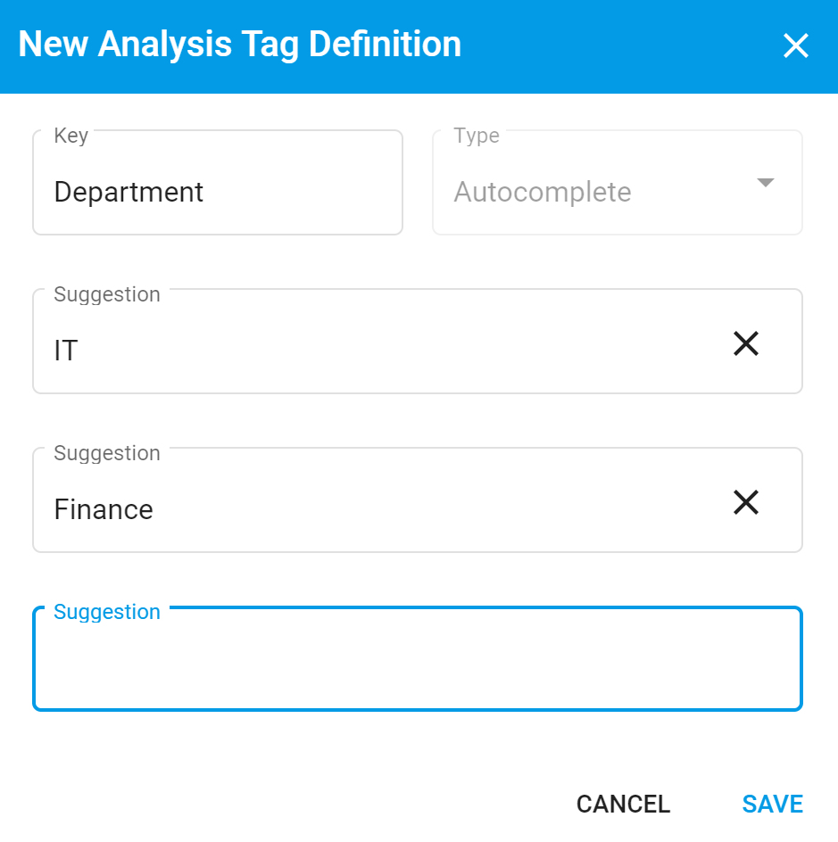 Create New Analysis tag definition modal