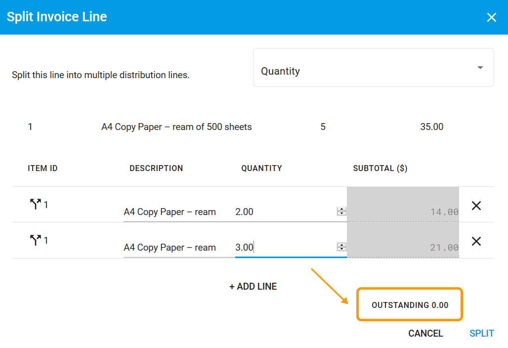 Split modal showing quantity dropdown