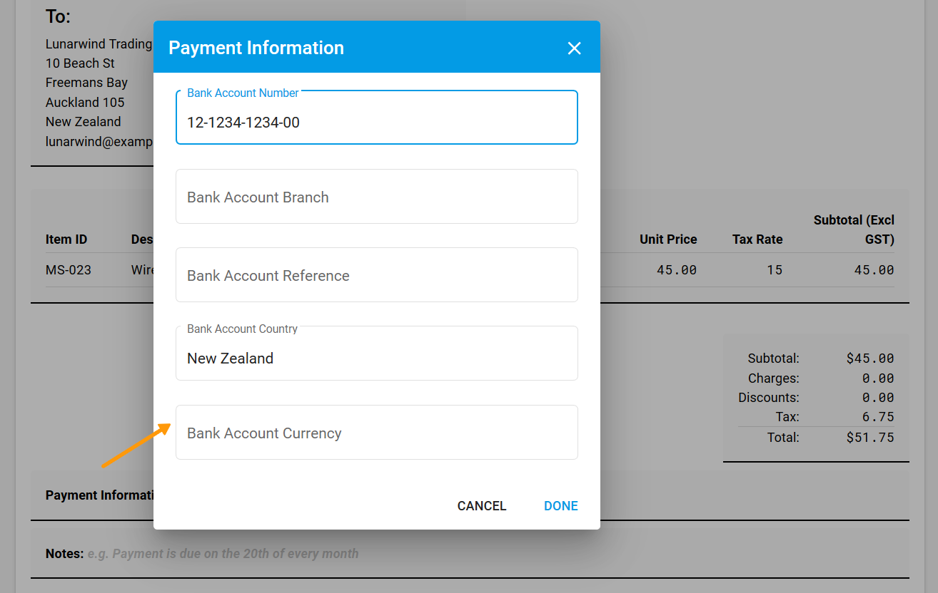 New document - payment information modal