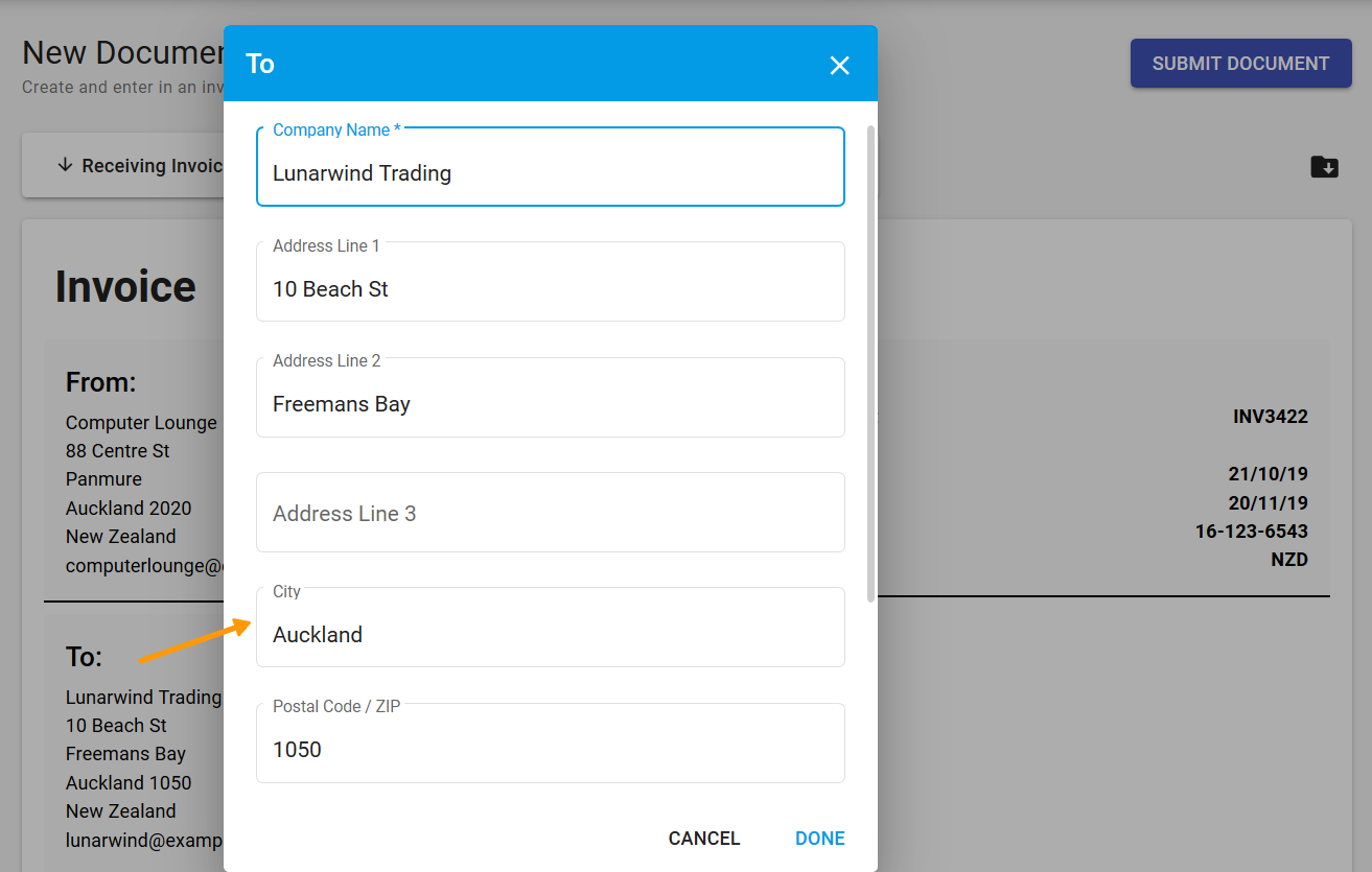 New document - modal for the To area with text fields