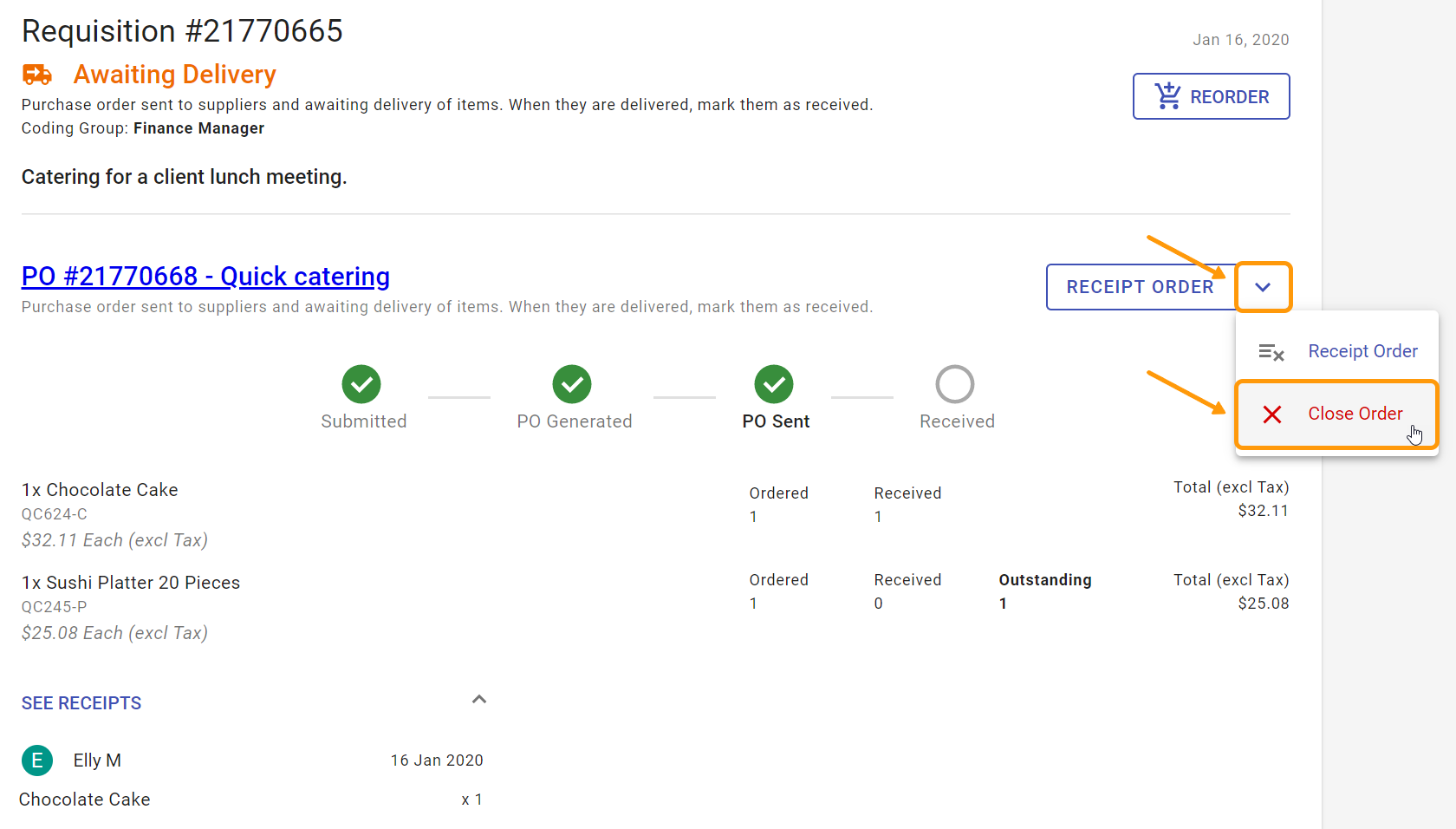 Purchase Order with no items receipted against it - shows user who closed.