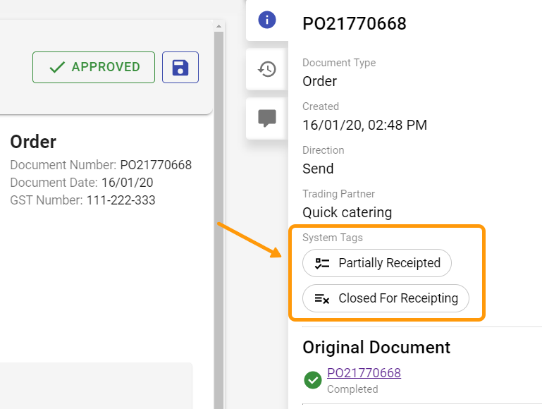 System tags showing in DX2 Portal when a Purchase Order is partially receipted and closed.