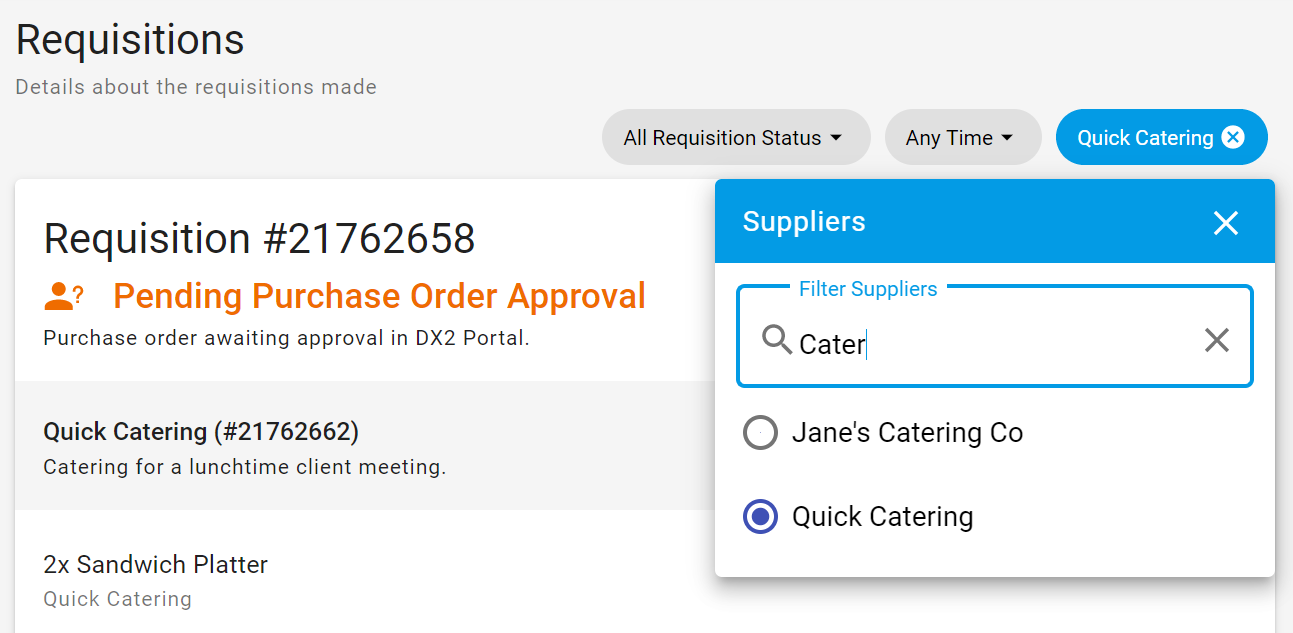 Requisition Filters showing Suppliers