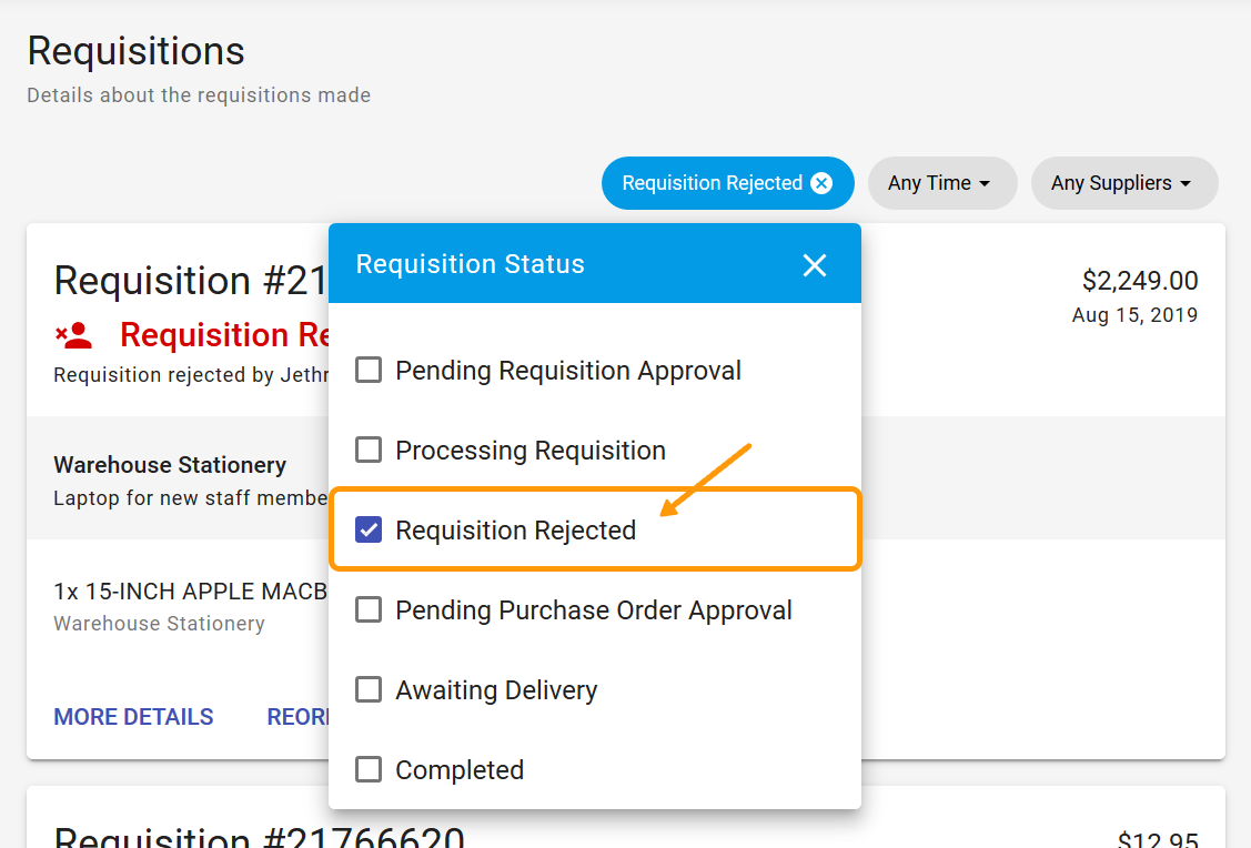 Requisition rejected status in filter