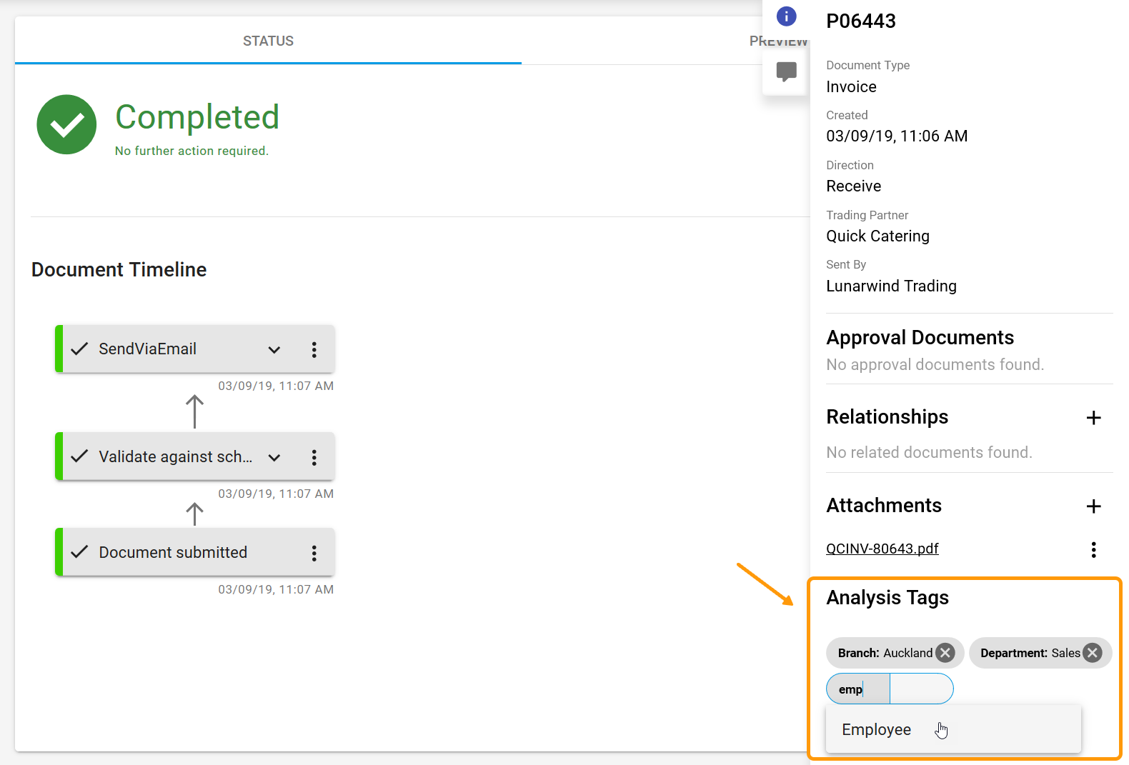 View, create and add tags in the information panel in the Document view